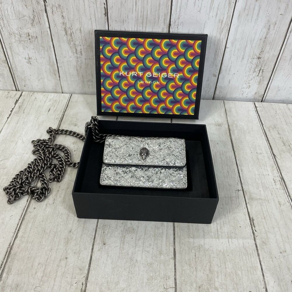 Kurt Geiger London Silver Quilted  Micro Crossbody Purse In Box